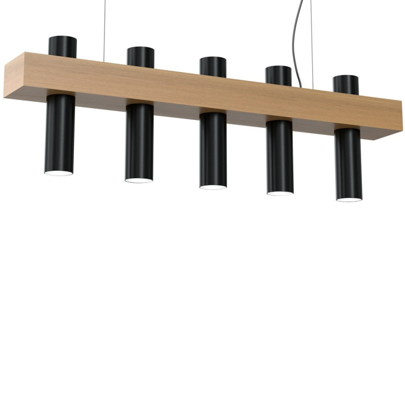 Suspension WEST support bois rectangle 5 tubes métal noir GU10 Scandinave 