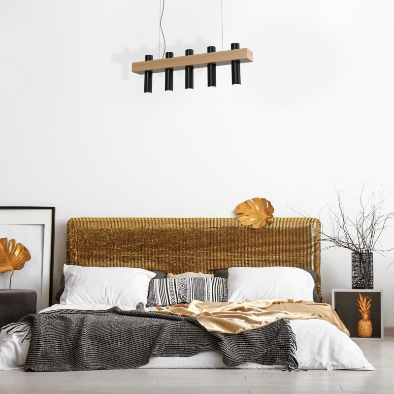 Suspension WEST support bois rectangle 5 tubes métal noir GU10 Scandinave 