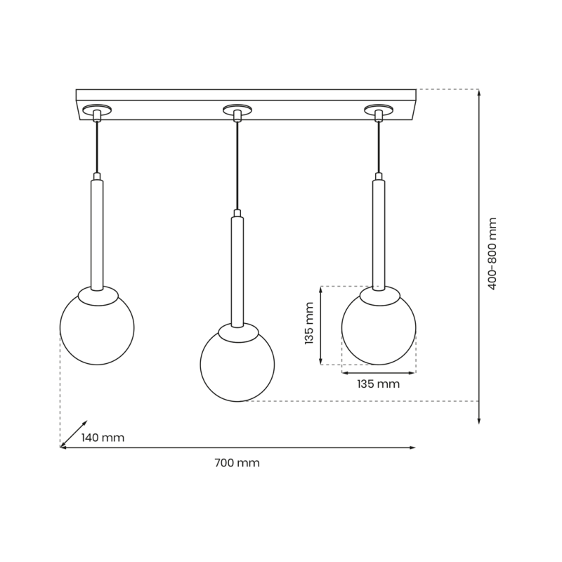 Suspension PARMA métal noir et laiton 3 boules verre blanc E14 Industriel 