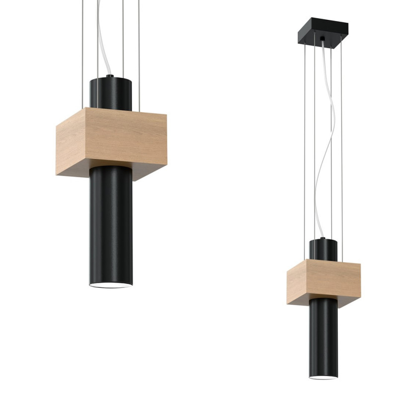 Suspension WEST support bois rectangle tube métal noir GU10 Scandinave 