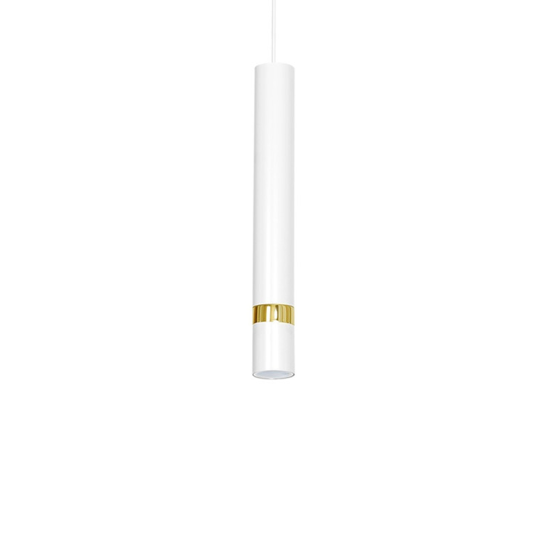 Suspension JOKER 5 tubes alignés métal blanc anneau doré GU10 Minimaliste 