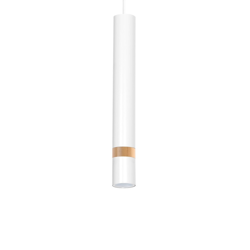 Suspension JOKER tube métal blanc anneau bois GU10 Minimaliste 