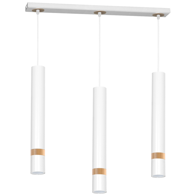 Suspension JOKER 3 tubes alignés métal blanc anneau bois GU10 Minimaliste 