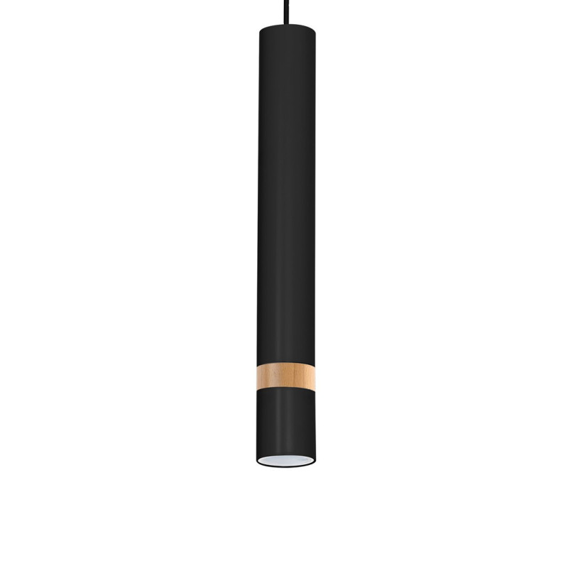 Suspension JOKER tube métal noir anneau bois GU10 Minimaliste 