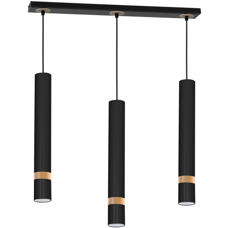 Suspension JOKER 3 tubes alignés métal noir anneau bois GU10 Minimaliste 