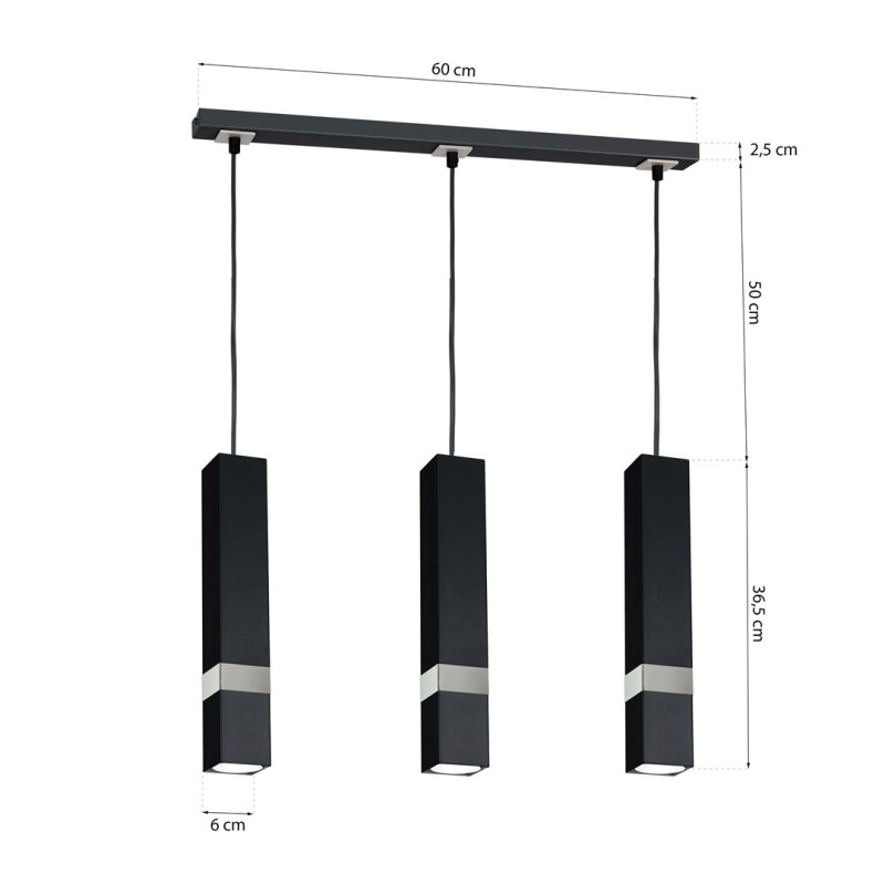 Suspension VIDAR 3 tubes rectangle métal noir bande chromé GU10 