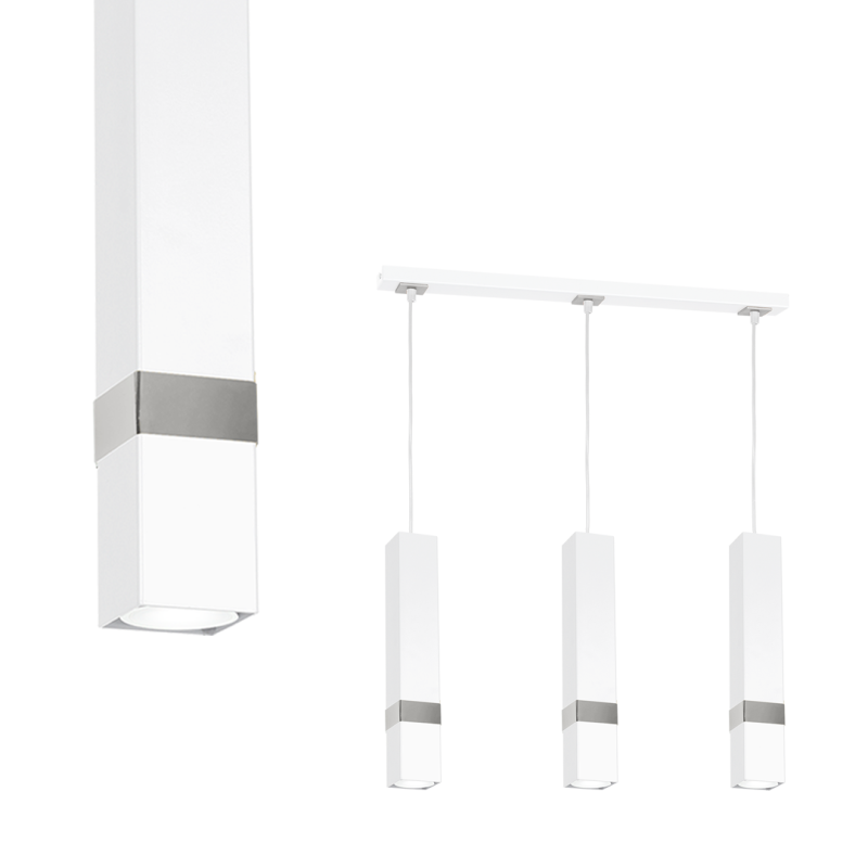 Suspension VIDAR 3 tubes rectangle métal blanc bande chromé GU10 