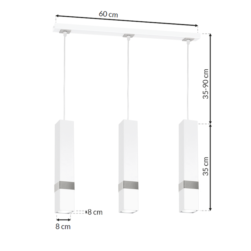 Suspension VIDAR 3 tubes rectangle métal blanc bande chromé GU10 