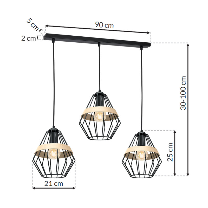 Suspension CLIFF 3 cages forme diamant métallique noir et bois E27 Bohème 