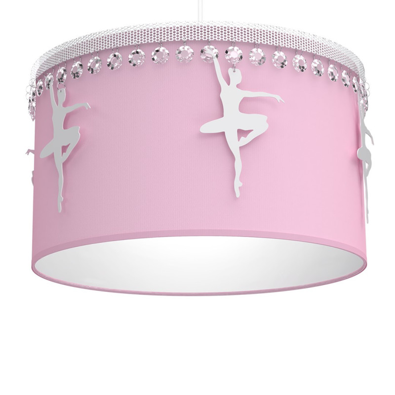 Suspension BALETNICA abat-jour tissu Rose Danseuse ballerine métal blanc et cristaux E27 Enfant 