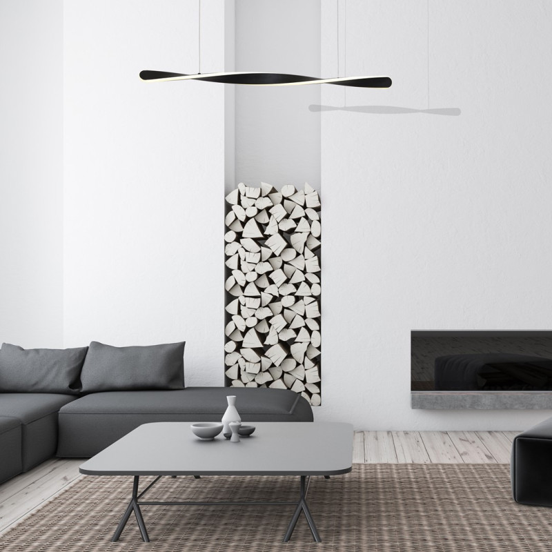 Suspension SWIRL barre torsadée 90cm noir hauteur réglable LED blanc neutre 24W Design chic 