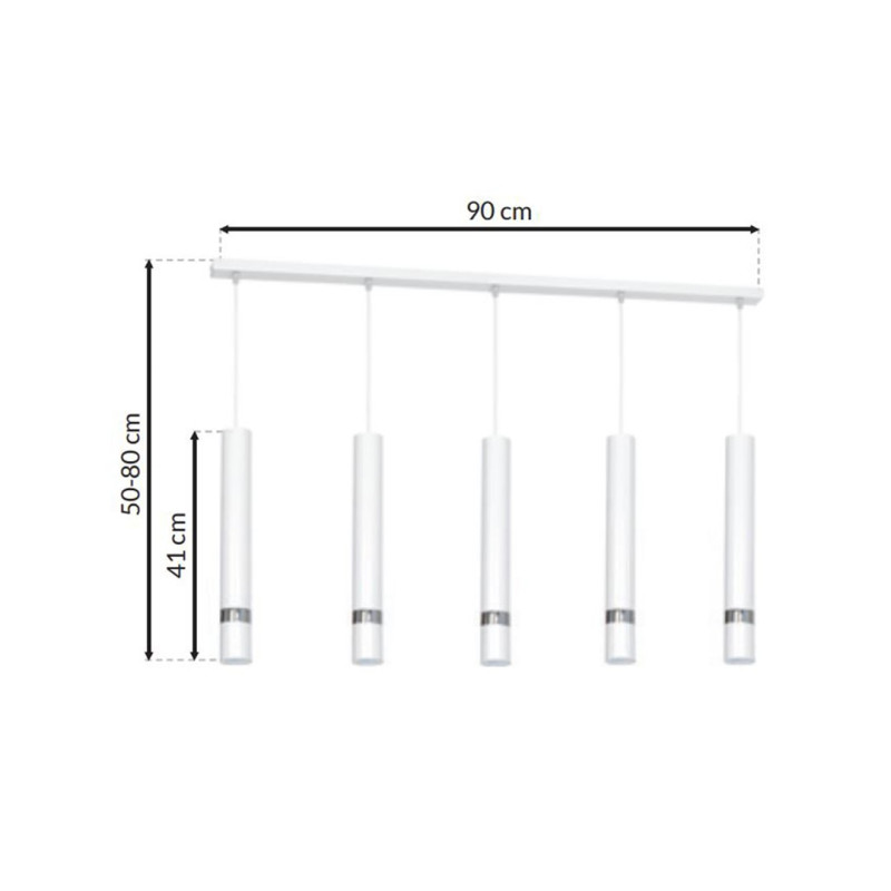 Suspension JOKER 5 tubes alignés métal blanc anneau chromé GU10 Minimaliste 