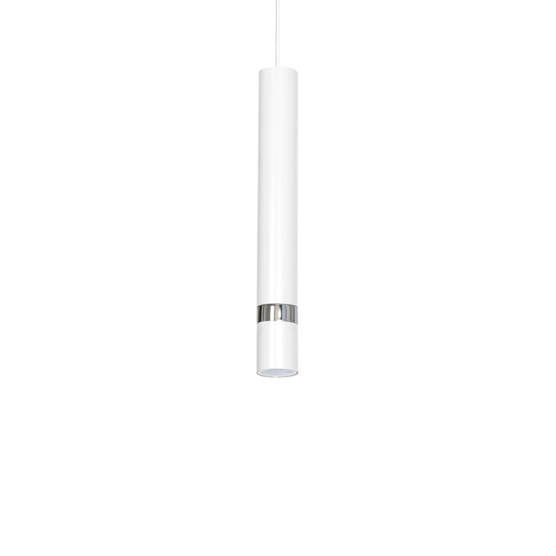 Suspension JOKER 3 tubes alignés métal blanc anneau chromé GU10 Minimaliste 