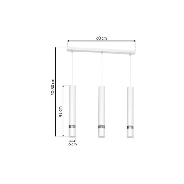 Suspension JOKER 3 tubes alignés métal blanc anneau chromé GU10 Minimaliste 