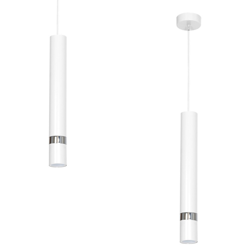 Suspension JOKER tube métal blanc anneau chromé GU10 Minimaliste 