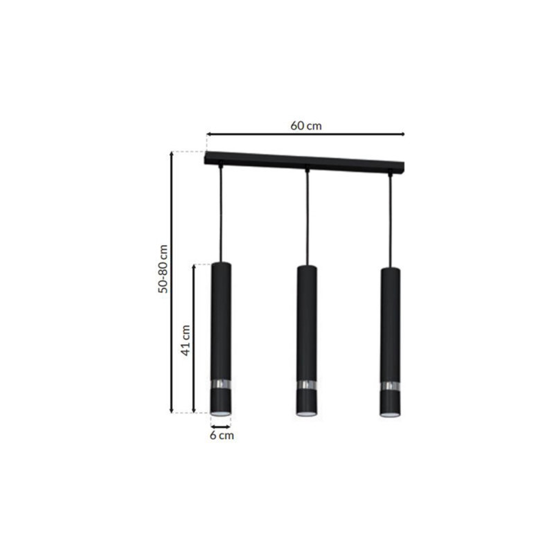 Suspension JOKER 3 tubes alignés métal noir anneau chromé GU10 Minimaliste 