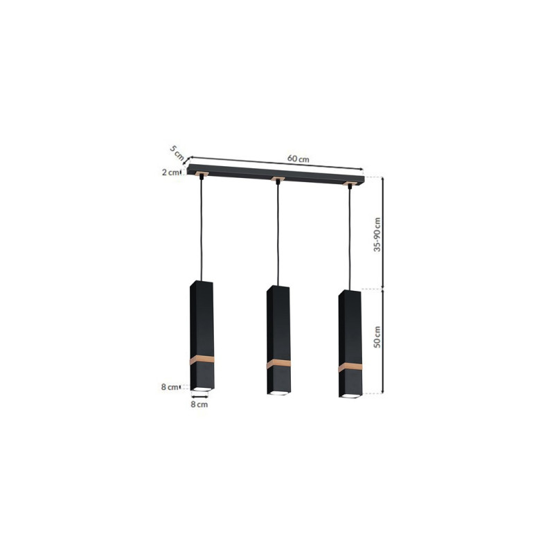 Suspension VIDAR 3 tubes rectangle métal noir bande bois GU10 