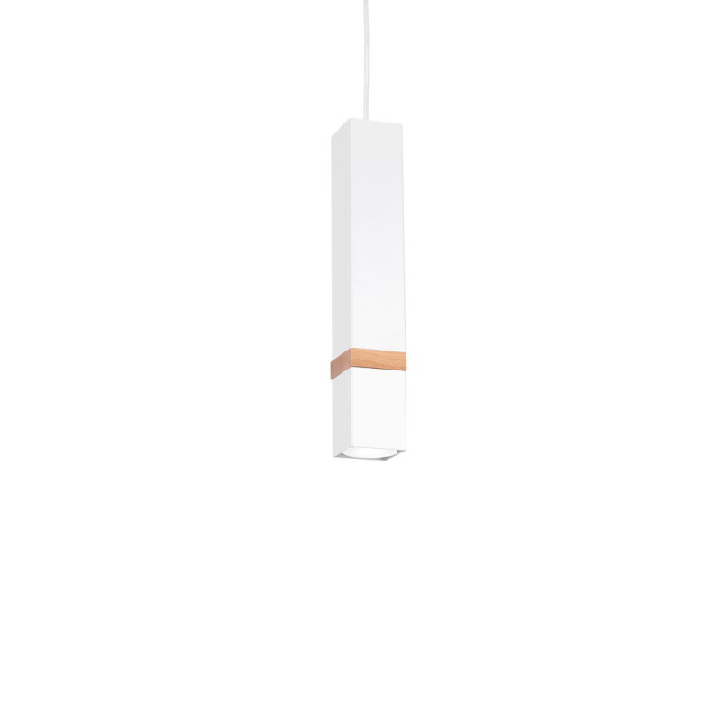 Suspension VIDAR tube rectangle métal blanc bande bois GU11 