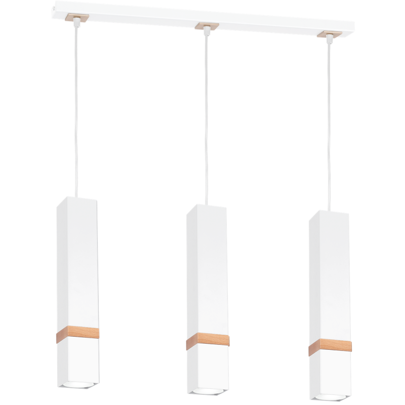 Suspension VIDAR 3 tubes rectangle métal blanc bande bois GU10 