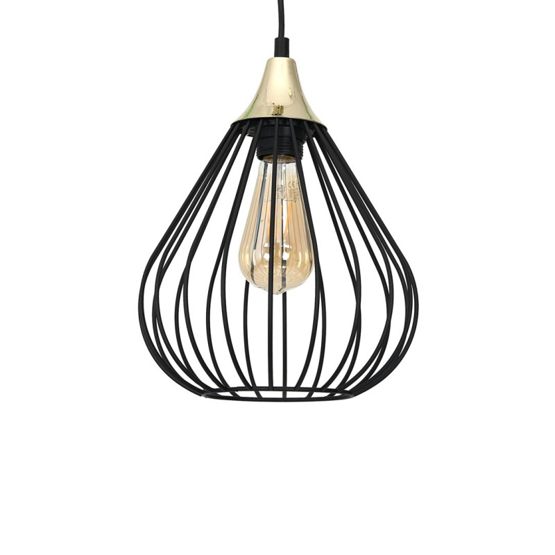 Suspension KANE 3 cages forme poire métallique noir et bois E27 Bohème 