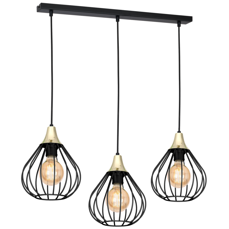 Suspension KANE 3 cages forme poire métallique noir et bois E27 Bohème 