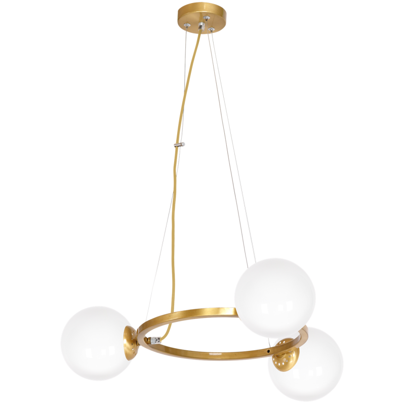 Suspension VIENNA anneau métal laiton horizontal 3 abat-jour boule verre blanc E14 Bohème 