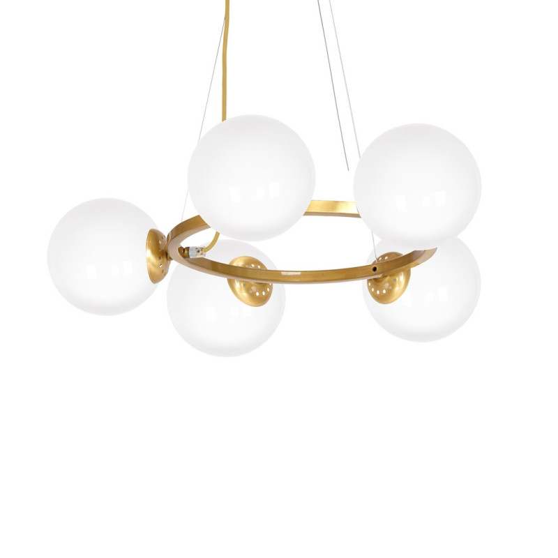 Suspension VIENNA anneau métal laiton horizontal 5 abat-jour boule verre blanc E14 Bohème 