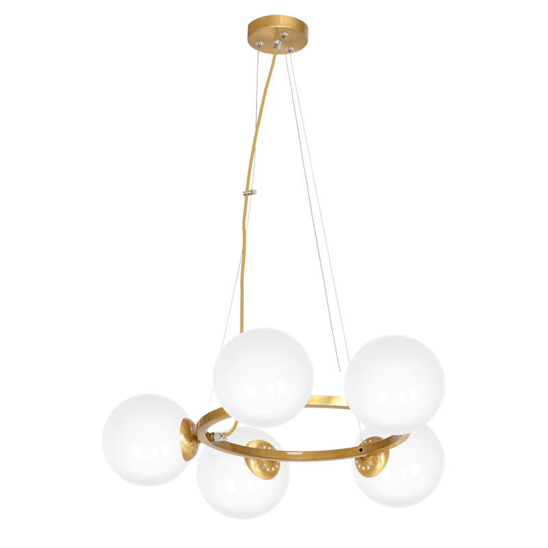 Suspension VIENNA anneau métal laiton horizontal 5 abat-jour boule verre blanc E14 Bohème 