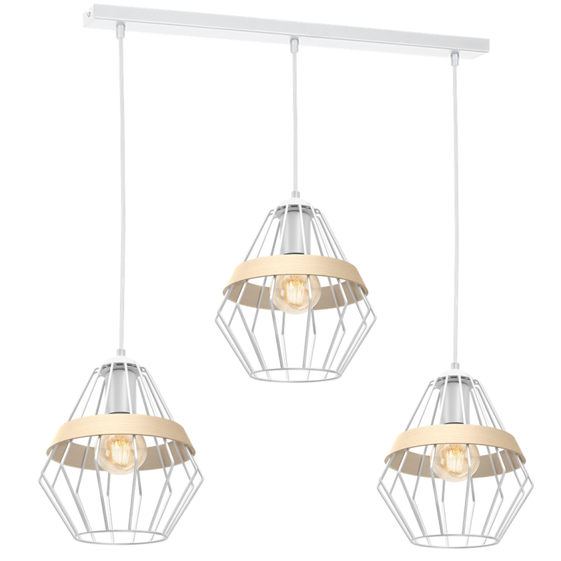 Suspension CLIFF 3 cages forme diamant métallique blanc et bois E27 Bohème 