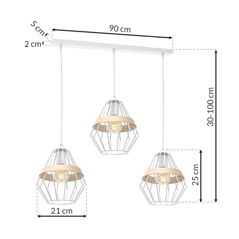 Suspension CLIFF 3 cages forme diamant métallique blanc et bois E27 Bohème 