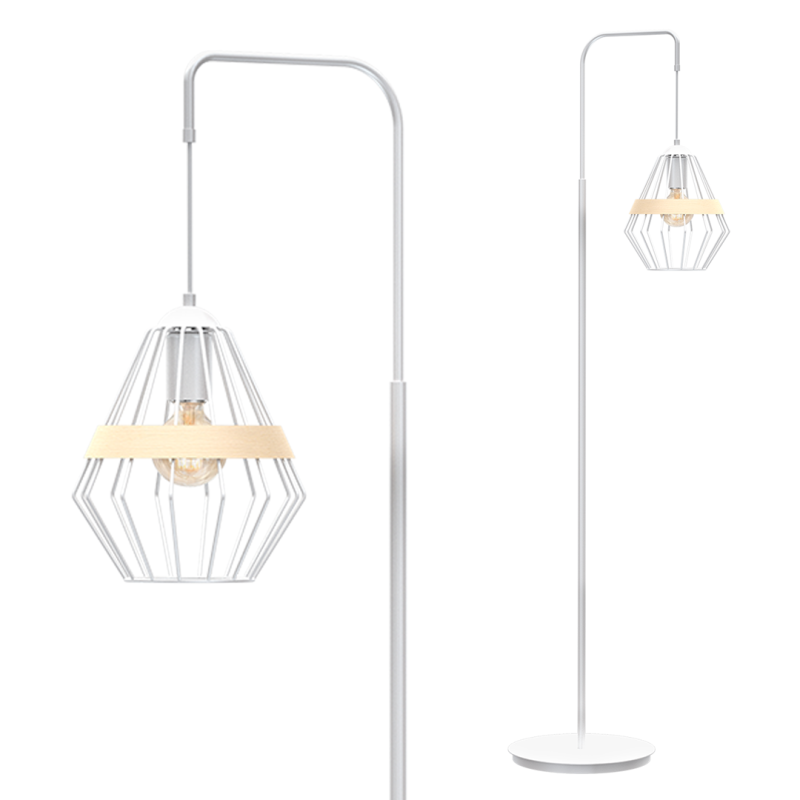 Lampadaire CLIFF cage forme diamant métallique blanc et bois E27 Bohème 