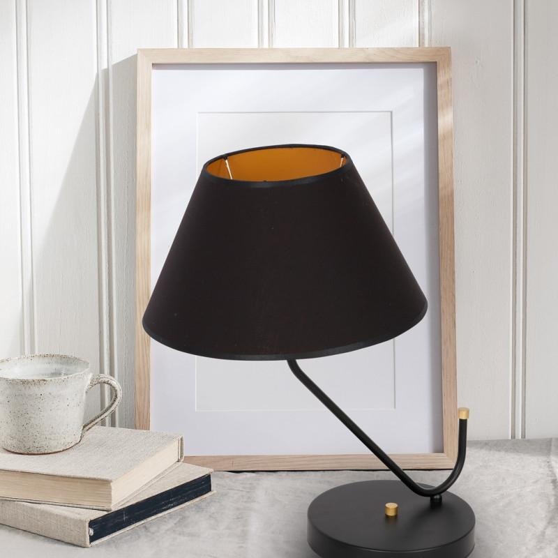 Lampe à poser VICTORIA abat-jour tissu noir intérieur doré E27 Design chic 