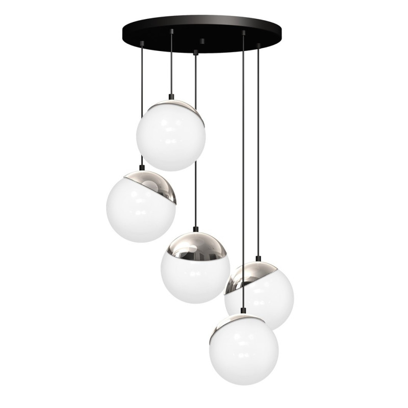 Suspension SPARTA 5 boules dorées verre blanc E14 base ronde métal noir Design chic 