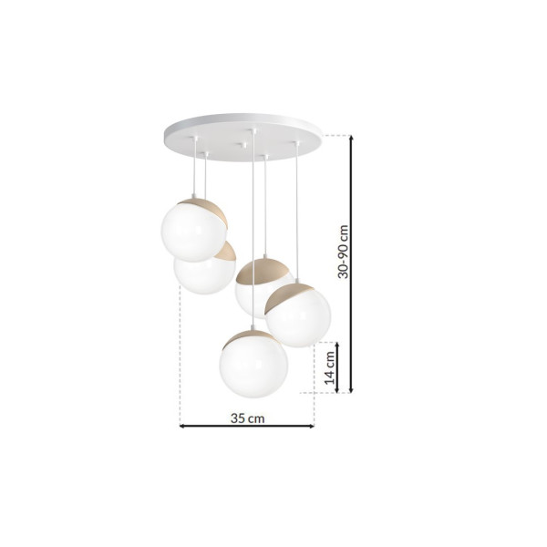 Suspension SPARTA 5 boules bois et verre blanc E14 base ronde métal blanc Design chic 