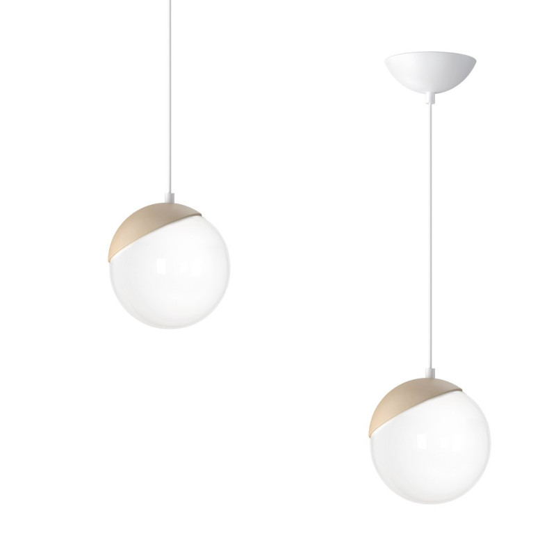 Suspension SFERA boule bois et verre blanc E14 base métal blanc Design chic 