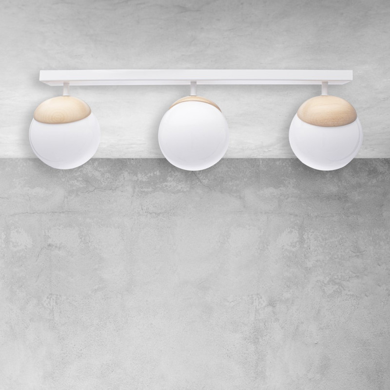 Plafonnier SFERA 3 boules alignées bois et verre blanc E14 base métal blanc Design chic 