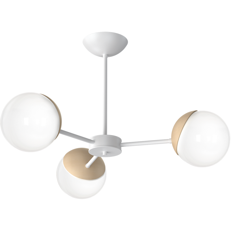 Plafonnier SFERA 3 branches étoile atome métal blanc boules bois et verre blanc E14 Design chic 