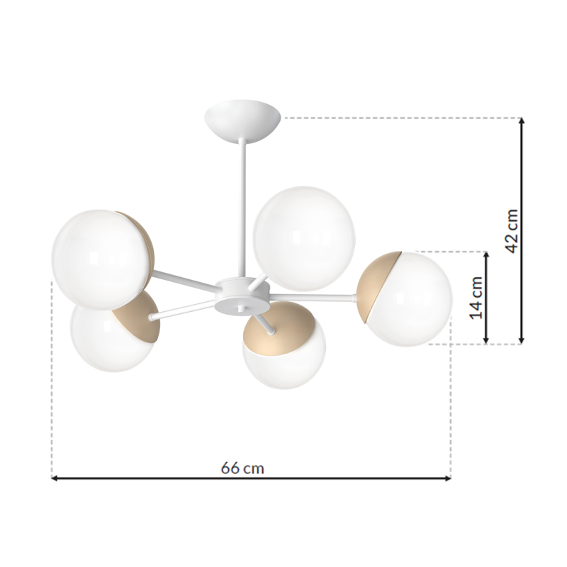 Plafonnier SFERA 5 branches étoile atome métal blanc boules bois et verre blanc E14 Design chic 