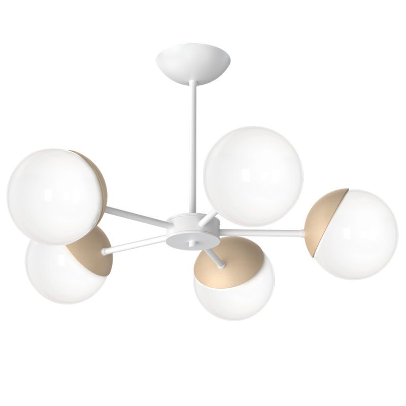 Plafonnier SFERA 5 branches étoile atome métal blanc boules bois et verre blanc E14 Design chic 