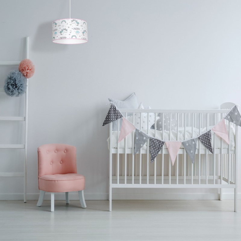 Suspension UNICORN abat-jour tissu blanc licornes E27 Enfant 