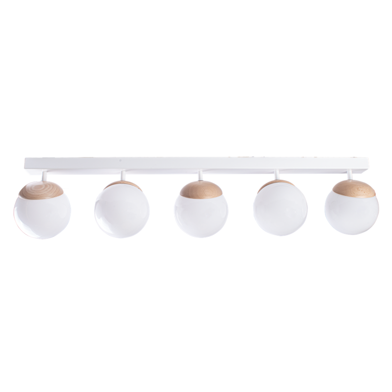 Plafonnier SFERA 5 boules alignées bois et verre blanc E14 base métal blanc Design chic 