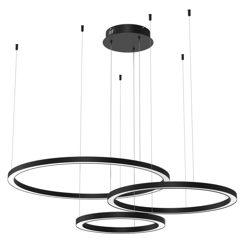 Suspension GALAXIA 3 cercles lumineux noir horizonta LED blanc chaud 3500k 5100Lm 85W Design chic 