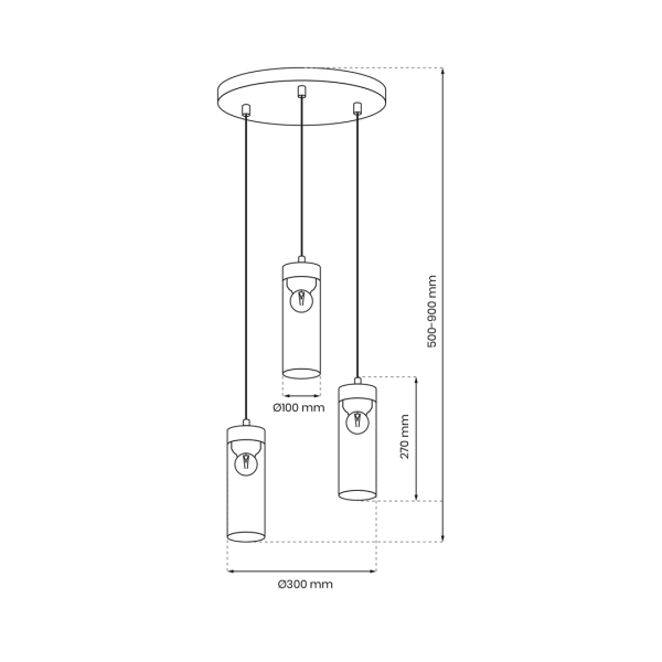 Suspension ELICA 3 tubes verre fumé détail bois E27 base ronde métal noir Industriel 