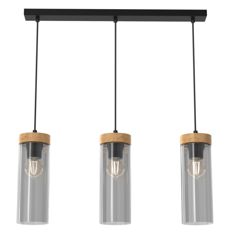 Suspension ELICA 3 tubes verre fumé détail bois E27 base métal noir Industriel 