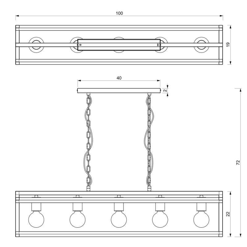 Suspension métal noir ARNOLD rectangulaire 100cm E27 Industriel 