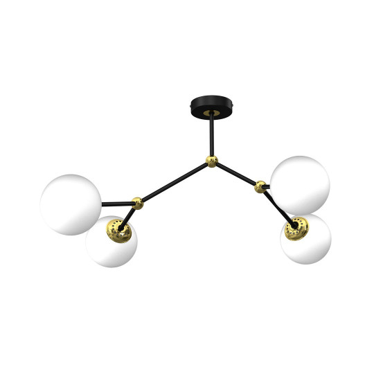 Plafonnier JOY 3 branches atome métal noir doré boules verre blanc E14 Design chic 