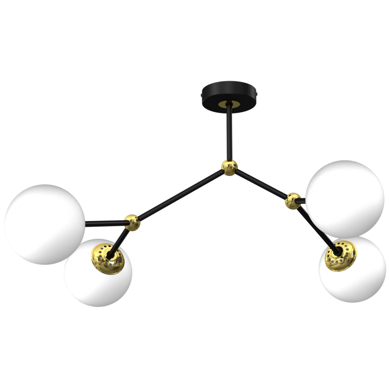 Plafonnier JOY 3 branches atome métal noir doré boules verre blanc E14 Design chic 