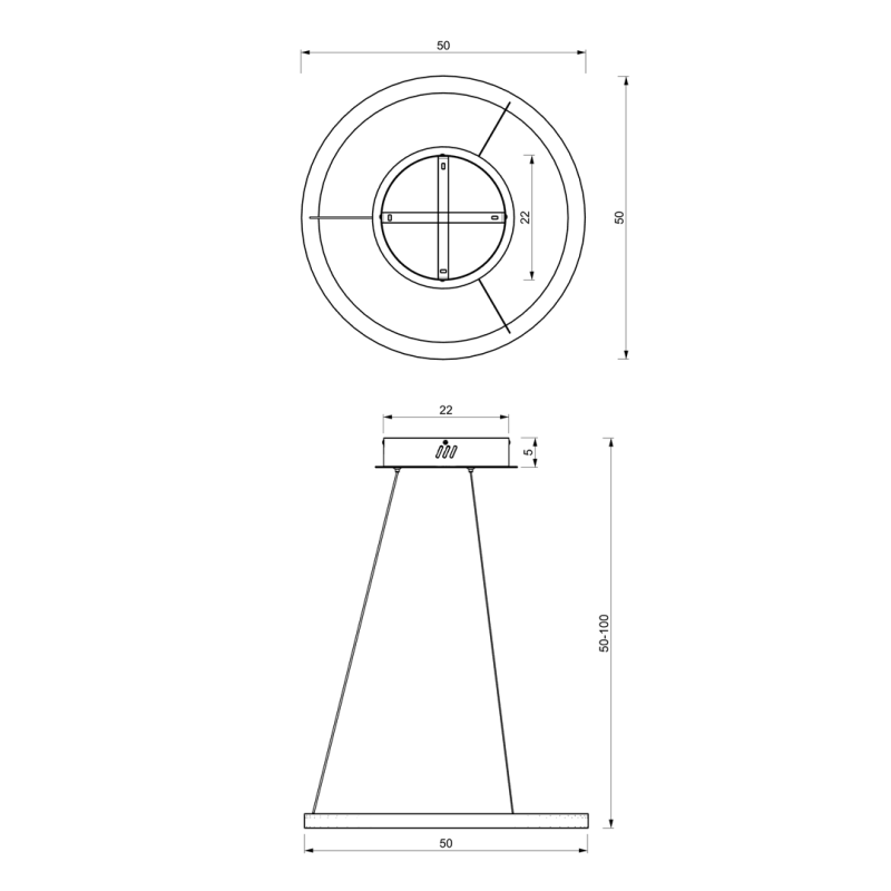 Suspension GALAXIA anneau lumineux métal noir horizontal 50cm LED blanc chaud 3500K LED 26W 1560Lm Desing chic 