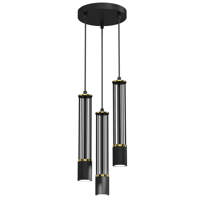 Suspension ESTILO 3 tubes métal noir ajouré détail doré U10 base ronde Minimaliste 