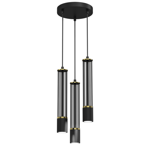Suspension ESTILO 3 tubes métal noir ajouré détail doré U10 base ronde Minimaliste 